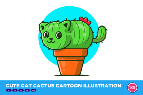 Cute Cat Cactus Cartoon Illustration Review