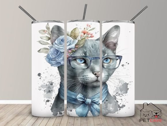 Russian Blue Cat Watercolor Tumbler 20 O
